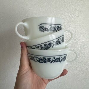 Pyrex Classic White Milk Glass Mugs with Blue Floral Banding - Set of 3